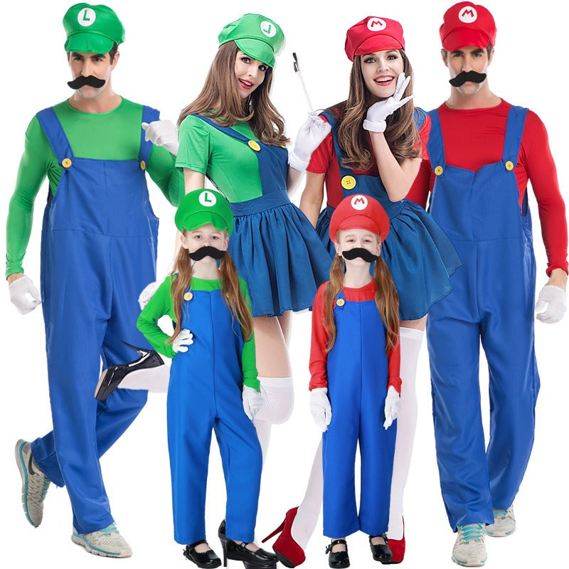 Adult Halloween Mario Cosplay Costume – Plumber Overalls Group Stage Performance Outfit