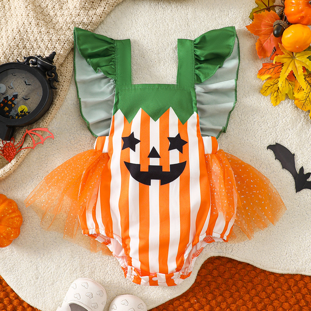 Infant Halloween Pumpkin Romper Baby Girl Striped Mesh Onesie Newborn Costume Crawler Suit