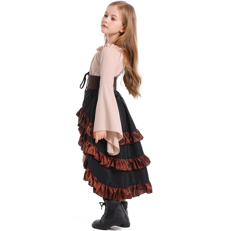 Halloween Costume Parent-Child Style Ruffled Medieval Girls' Clothing Front Short Back Long Performance Dress