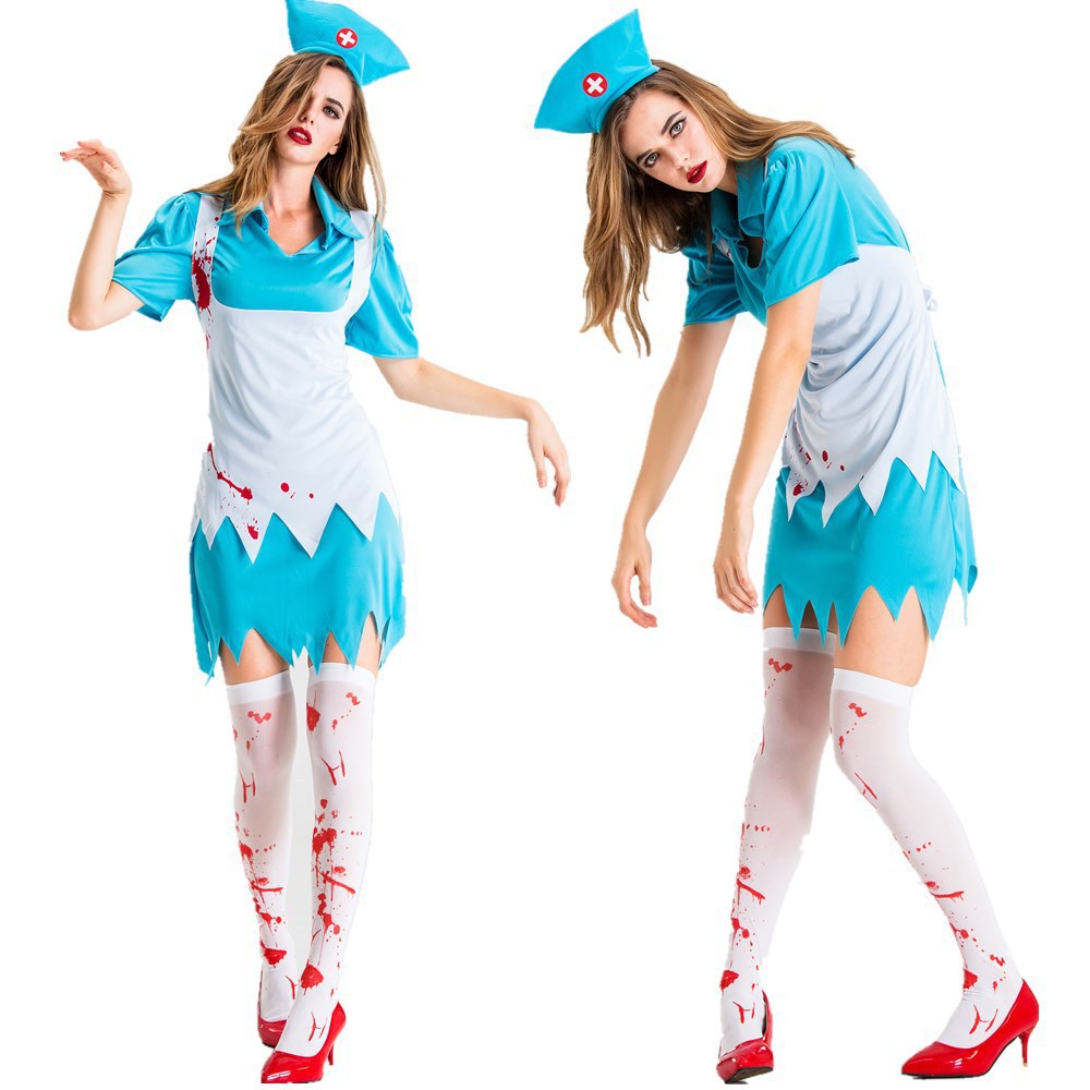 Halloween Nurse Costume for Women Adult Bloody Horror Creepy Hospital Maid Outfit Zombie Role Play Costume