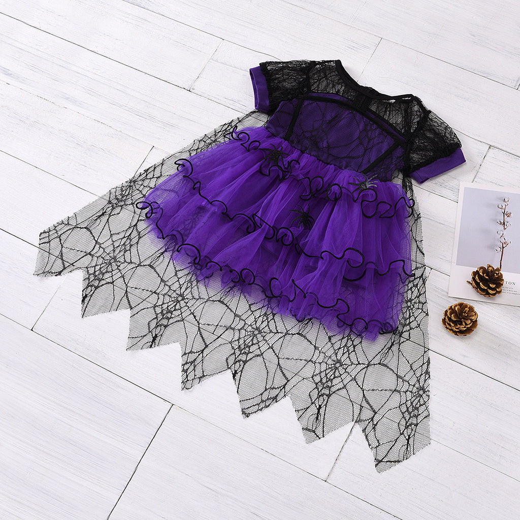 Girls' Halloween Party Dress Purple Yellow Tulle Cake Sleeve Cape Dress Princess Dress