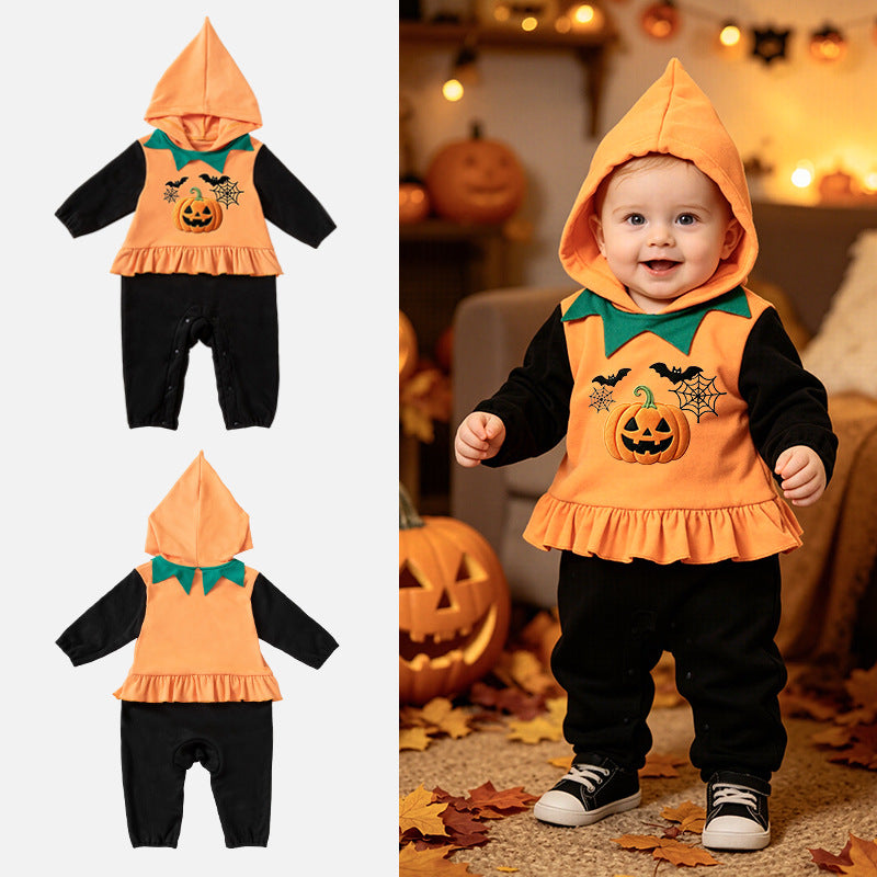 Halloween Festival Elements Exclusive BabyToddler Party Outfit with Hooded Long Sleeve Bodysuit Pumpkin Design Costume