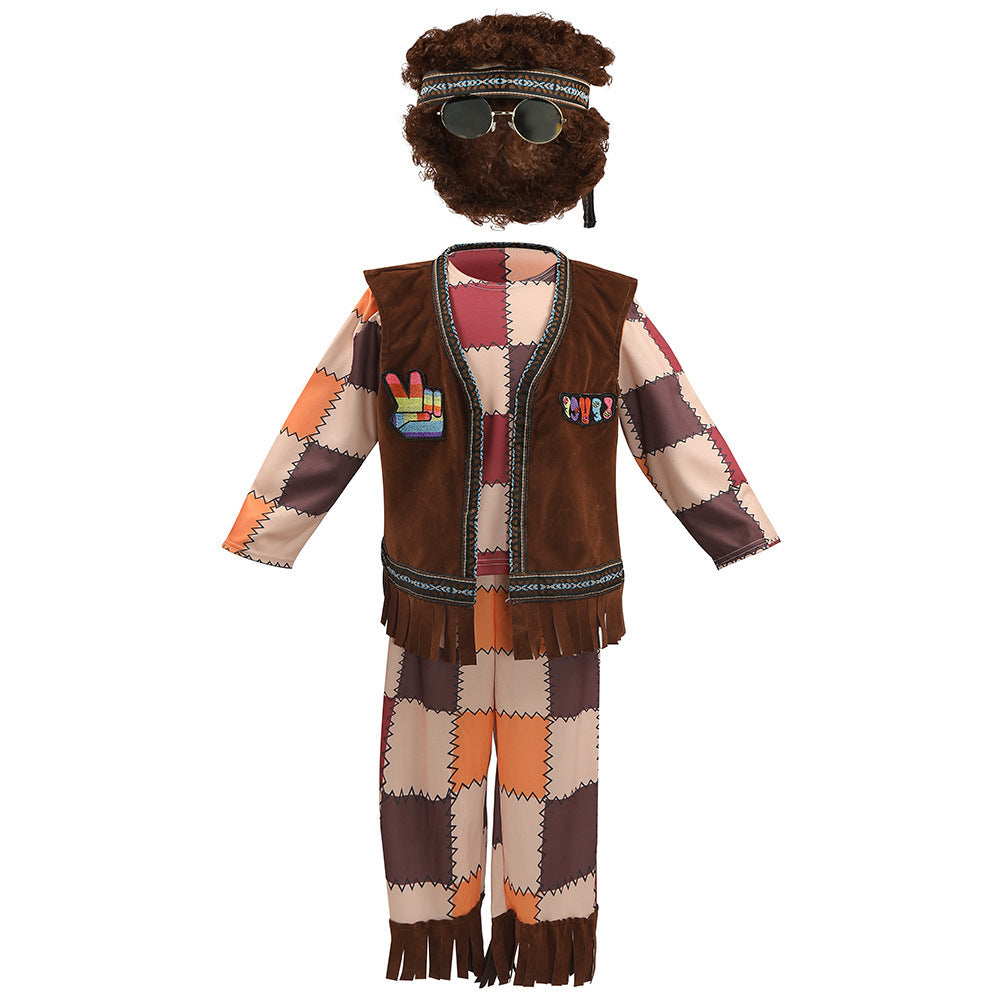 Halloween Kids Costume Vintage Plaid 70s Hippie Hip Hop Model Catwalk Performance Outfit