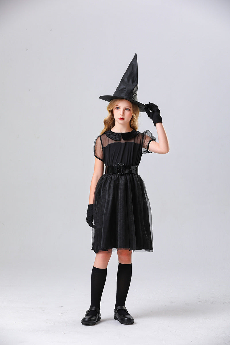 Witch Costume for Kids Halloween Black Tulle Witch Dress Elegant Witch Night Ghost Costume