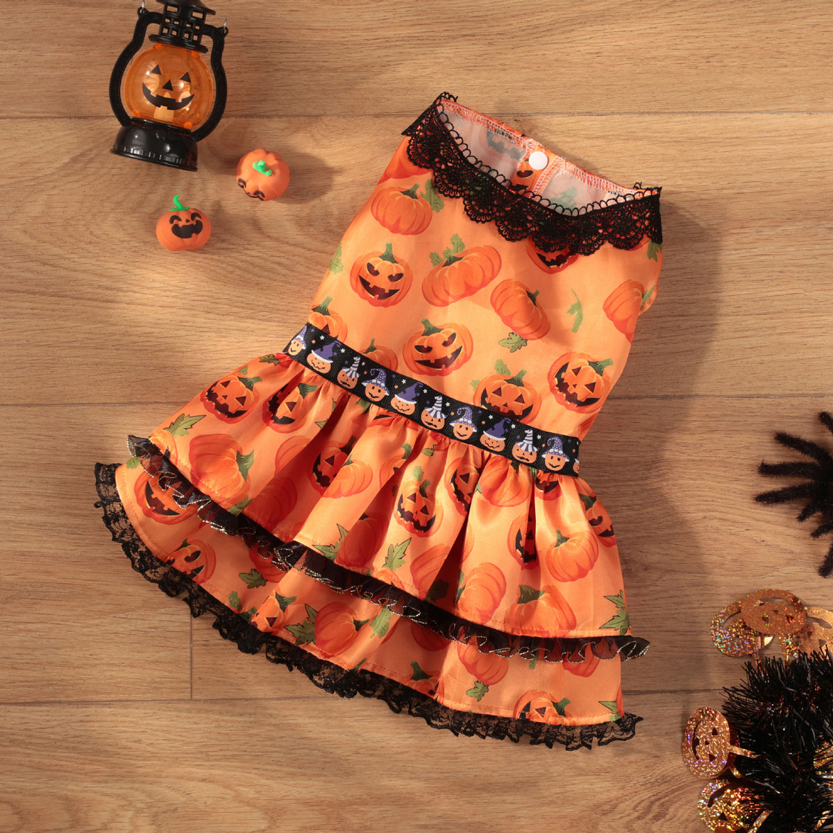 Halloween Pet Dog Dress for Medium and Small Dogs, Pumpkin Lace Skirt