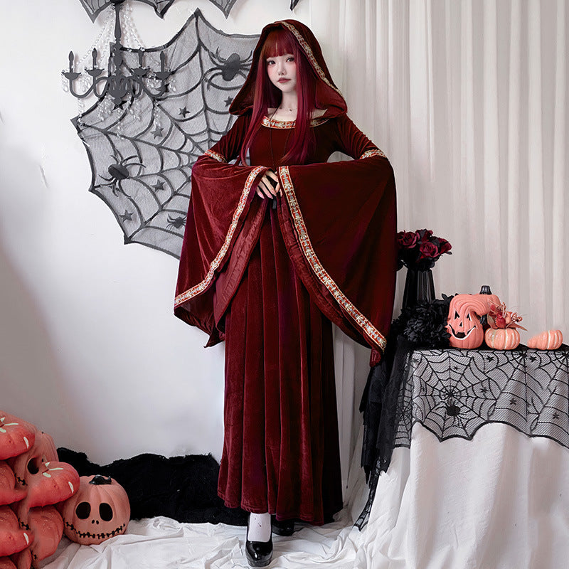 Adult Halloween Vampire Costume – Medieval Court Dress with Little Red Riding Hood Witch Style