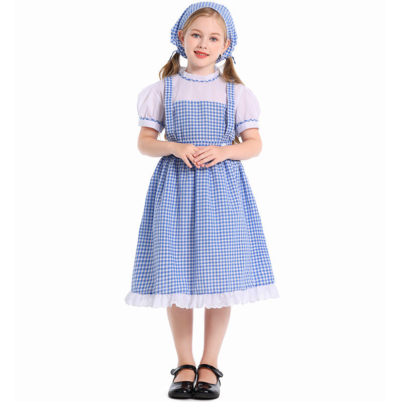 Halloween Costume for Girls Children Cosplay Dress Stage Drama Performance Costume Blue Checkered Skirt with Headscarf