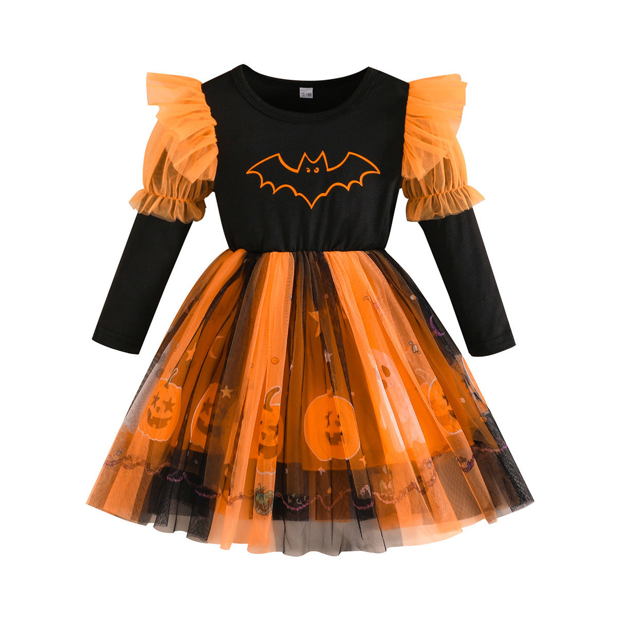 New Halloween Girls' Long Sleeve Dress with Bat, Pumpkin, Ghost Print Tulle Skirt