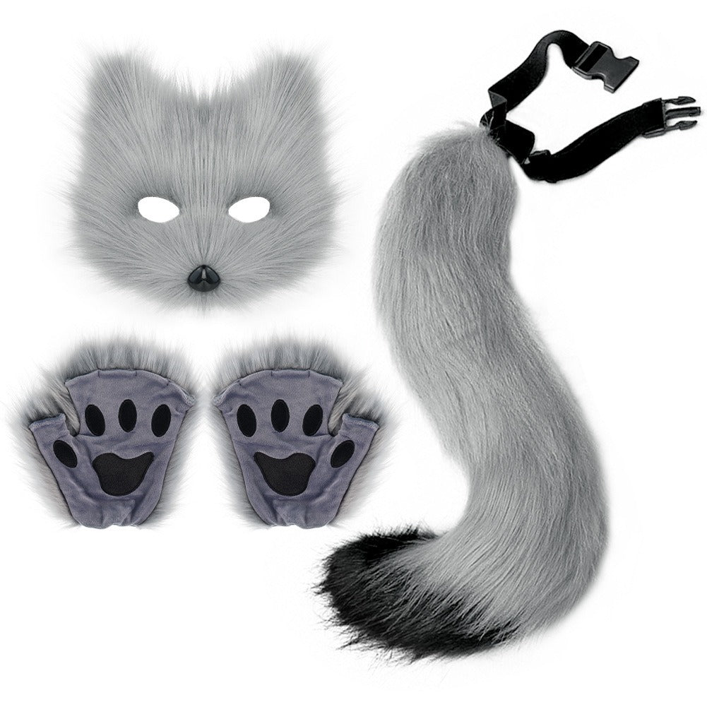 Halloween Fox Cosplay Accessory Set – Simulation Mask Gloves and Plush Fox Tail Props
