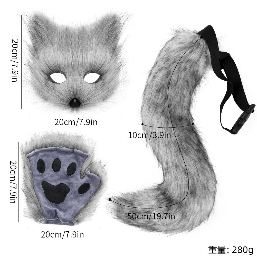 Halloween Fox Cosplay Accessory Set – Simulation Mask Gloves and Plush Fox Tail Props