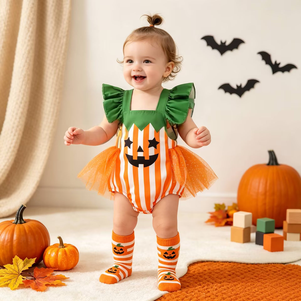 Infant Halloween Pumpkin Romper Baby Girl Striped Mesh Onesie Newborn Costume Crawler Suit