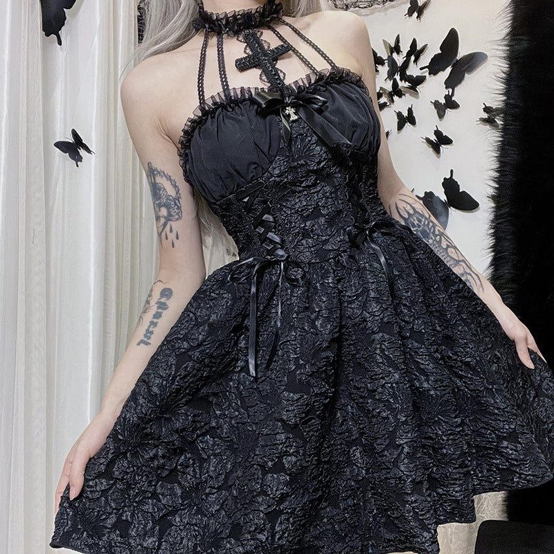 Women's Halloween Gothic Puff Sleeve Dress – Pleated Cross Neckline Solid Color Style