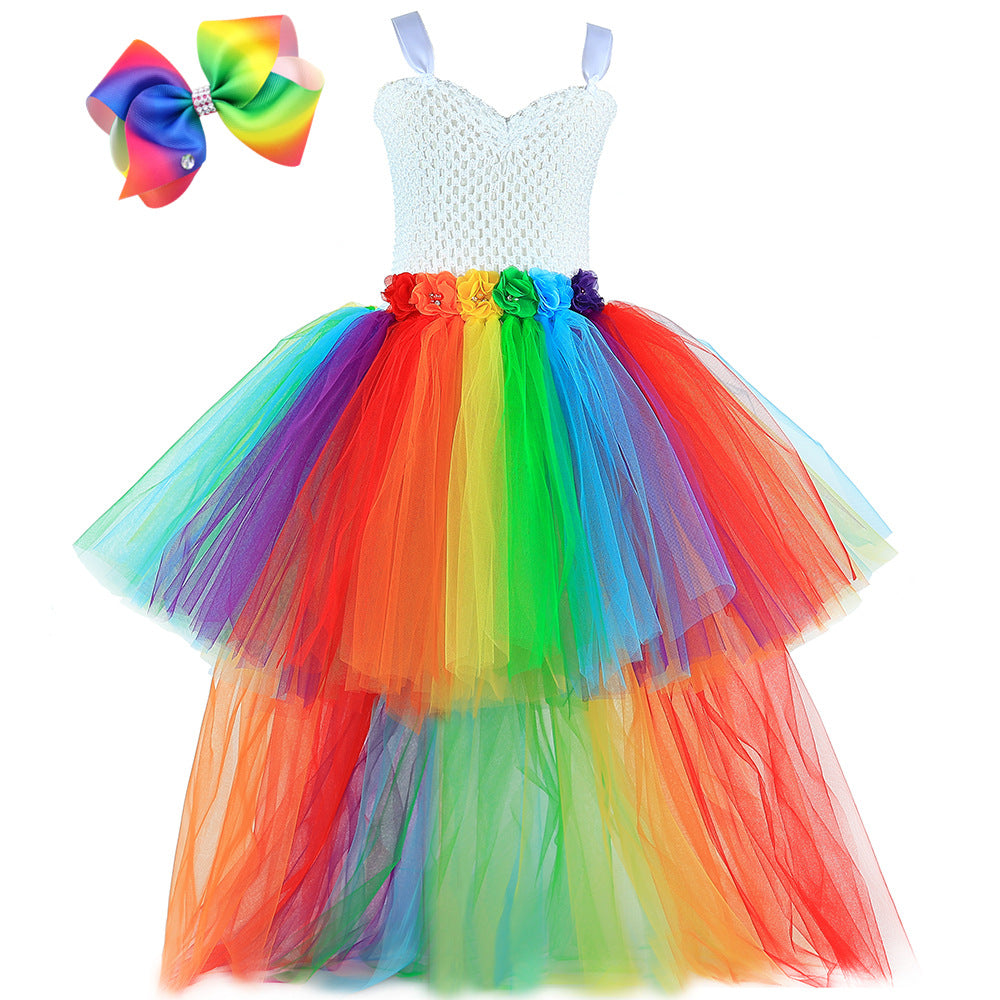 Halloween Children's Mesh Dress Rainbow Trail Tutu Dress Festival Party Performance Wear for Girls Puffy Princess Dress