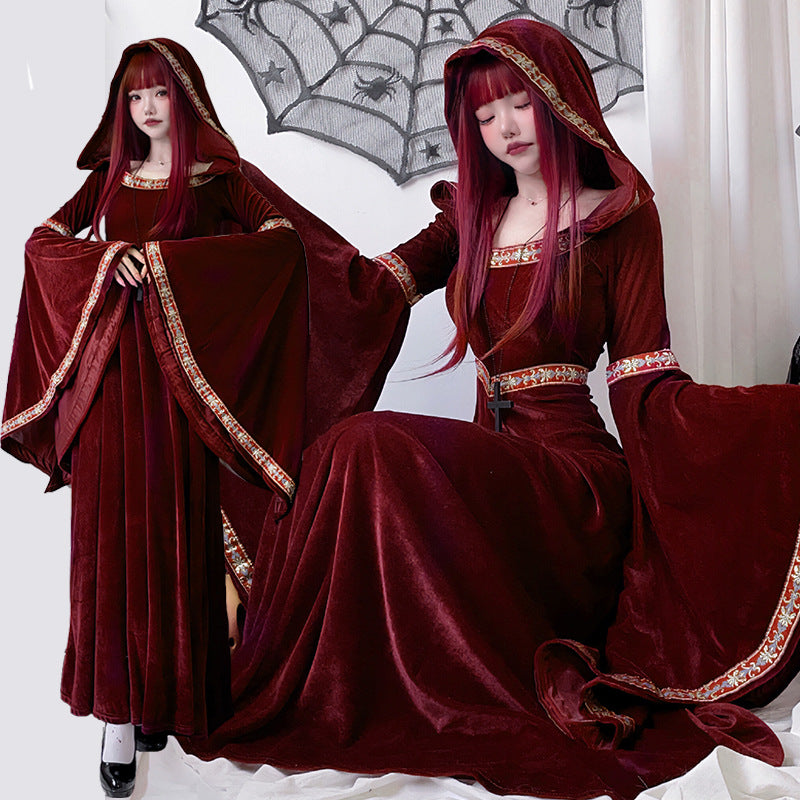 Adult Halloween Vampire Costume – Medieval Court Dress with Little Red Riding Hood Witch Style