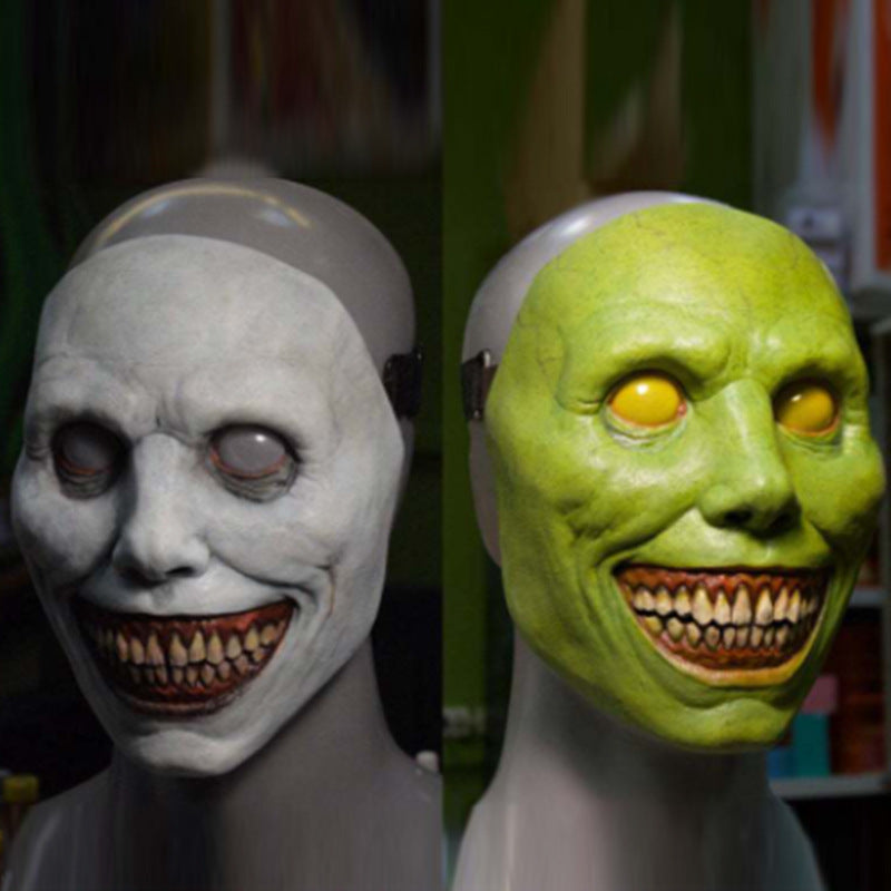 Halloween Horror Exorcist Smile Devil Latex Mask – White-Eyed Demon Headgear Cosplay Prop