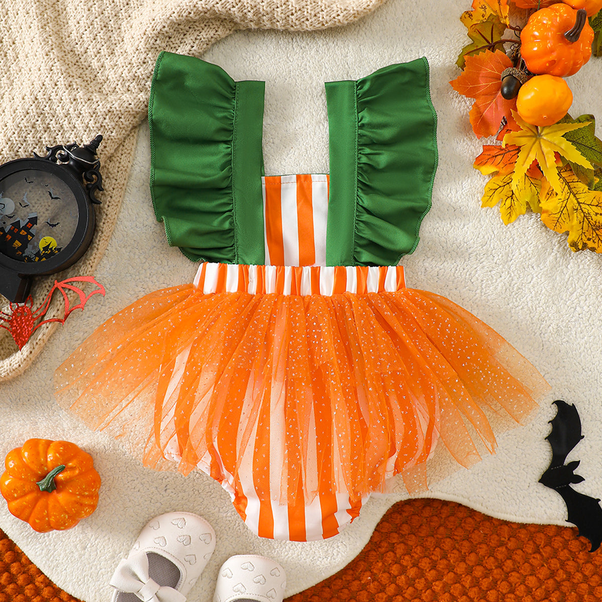 Infant Halloween Pumpkin Romper Baby Girl Striped Mesh Onesie Newborn Costume Crawler Suit