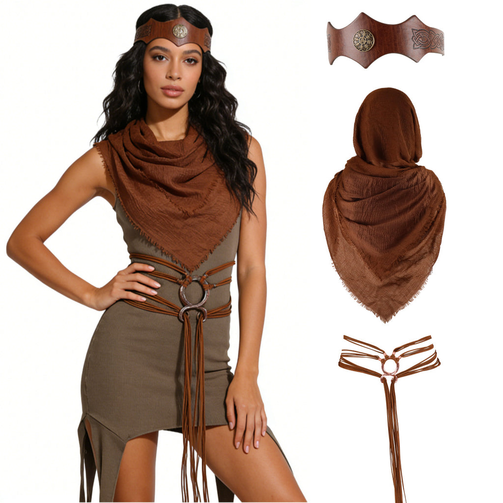 Mid-century Viking Retro Fringe Belt Buckle Cloak Halloween Cosplay Costume