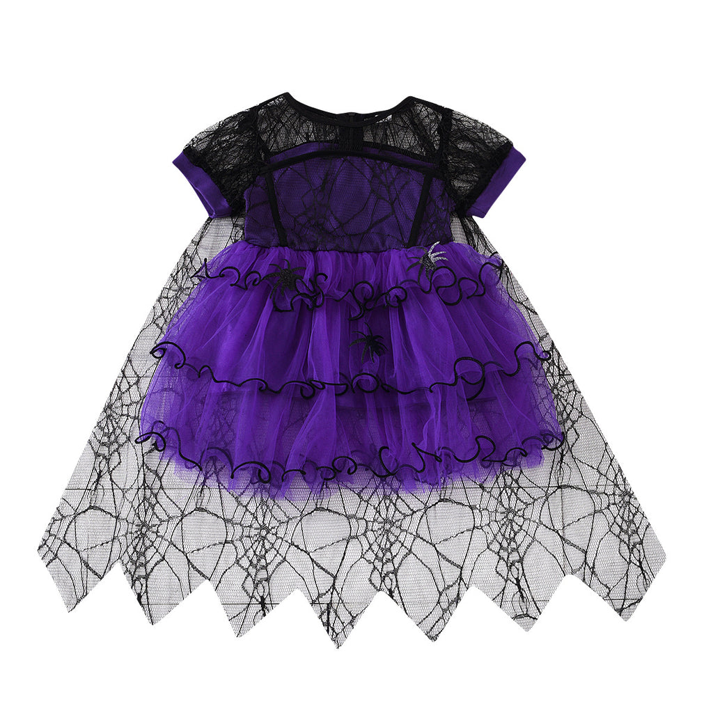 Girls' Halloween Party Dress Purple Yellow Tulle Cake Sleeve Cape Dress Princess Dress