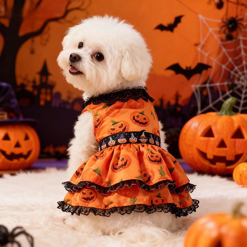 New Halloween Pet Dog Clothes for Medium and Small Dogs, Pumpkin Lace Dress