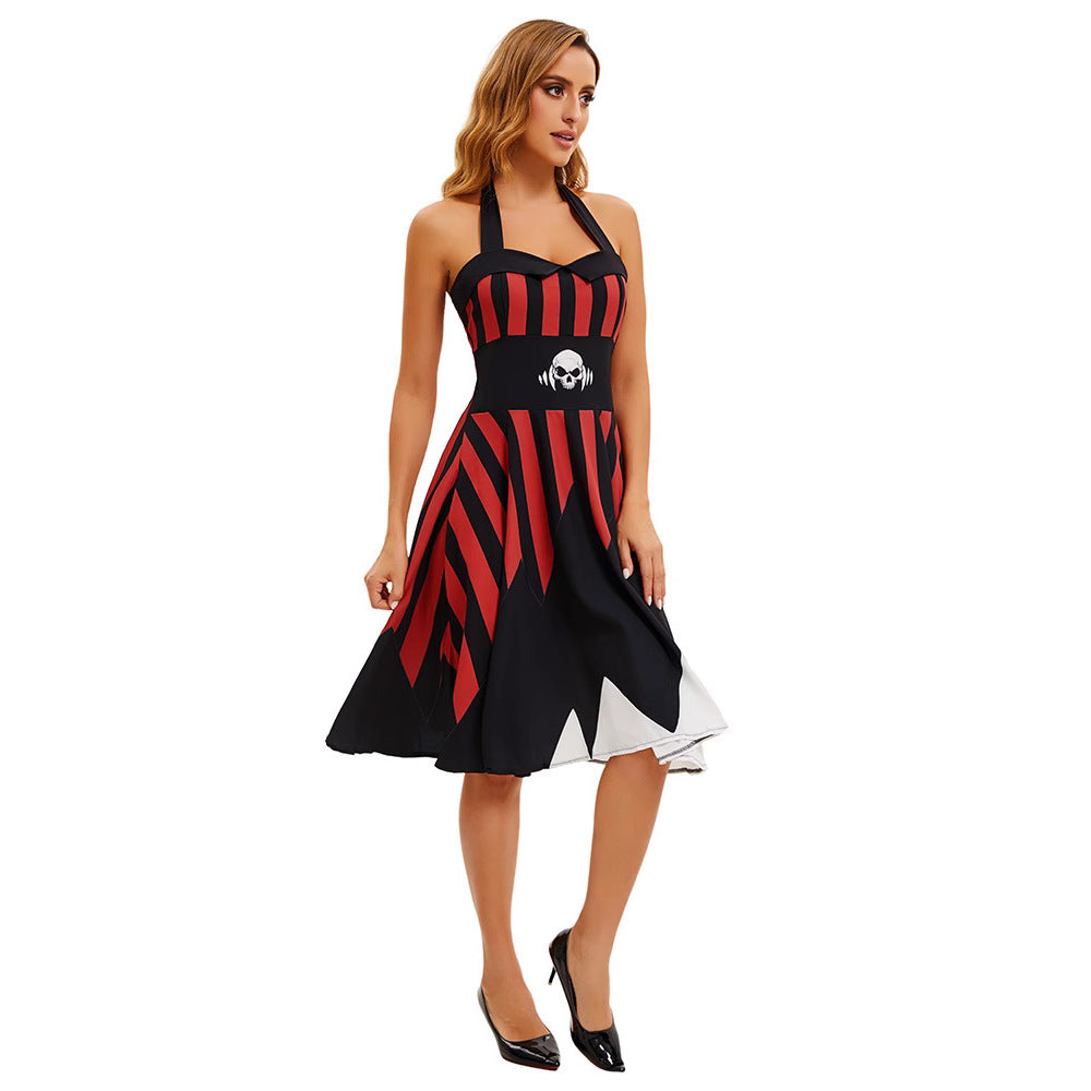 Cute Skull Pirate Halloween Printed Strap Dress for Women Stage Performance
