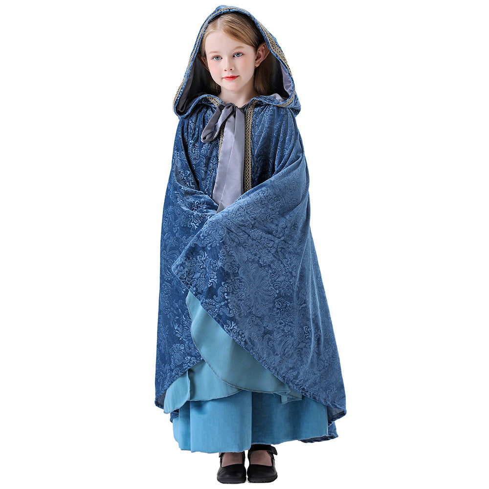 Halloween Children's Elf Princess Costume Dress with Cape Set Medieval Court Gown