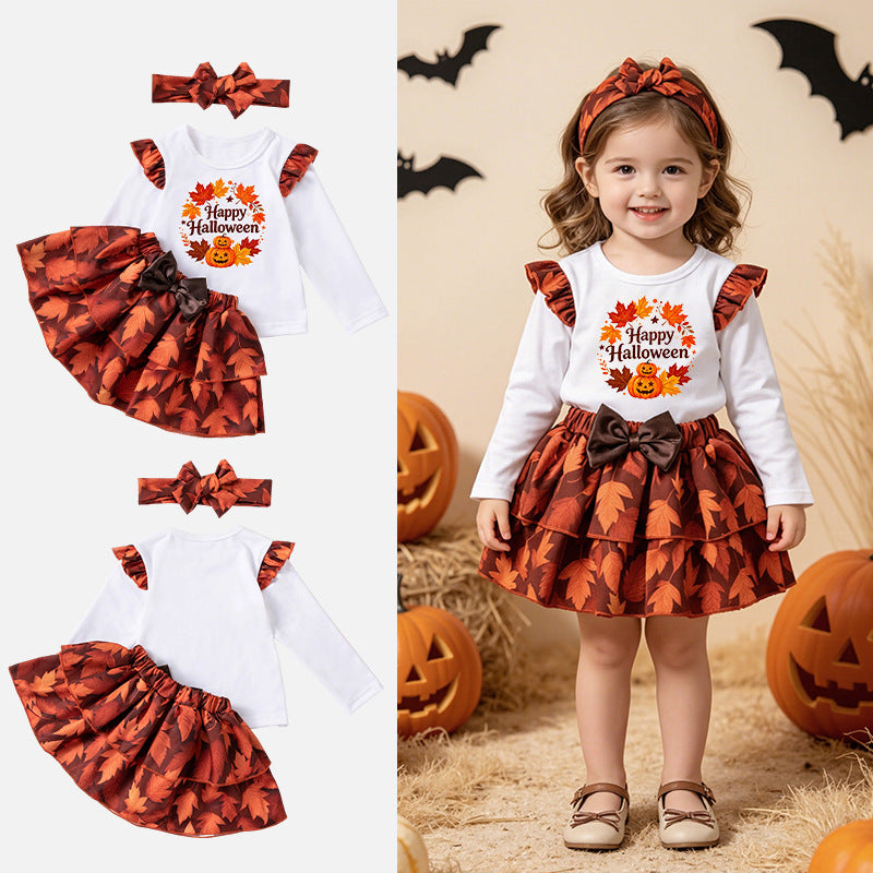 Halloween Theme Girls' Long Sleeve T-Shirt, Skirt Set, 3-Piece Festival Outfit