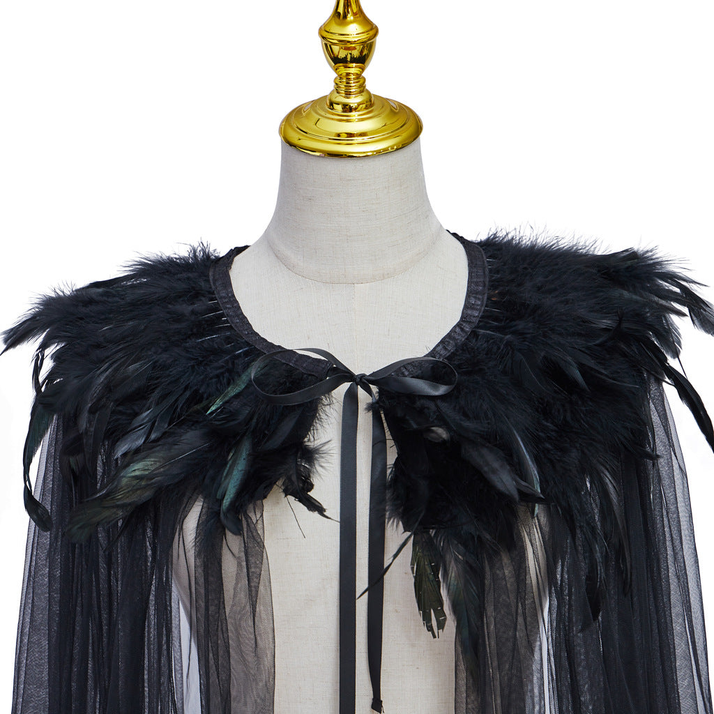 Halloween Feather Cloak Black Hair Collar Mesh Cloak Medium Long Skirt Stage Costume Performance Cloak