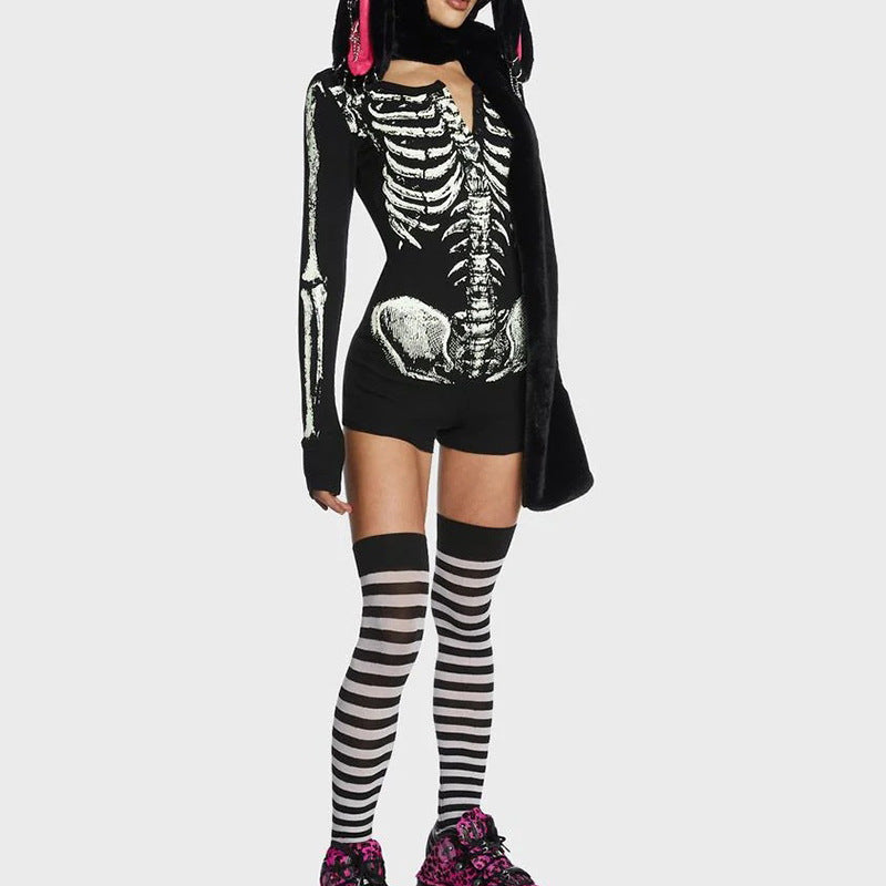 Fitted Skull Skeleton Print Bodysuit for Women, Halloween Cosplay  Style
