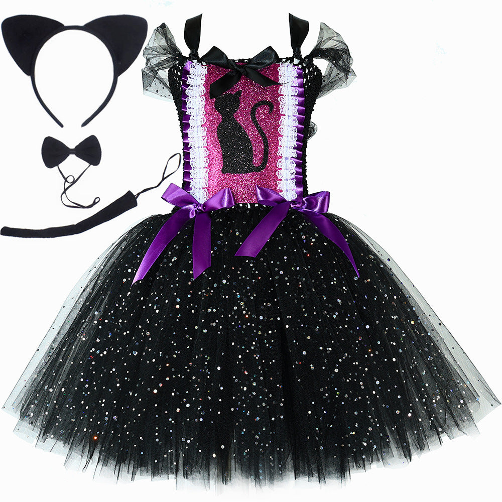 Halloween Costume Children's Cat Dress Sequin Black Cat Tutu Dress Girls Tulle Puffy Dress Kids Clothing