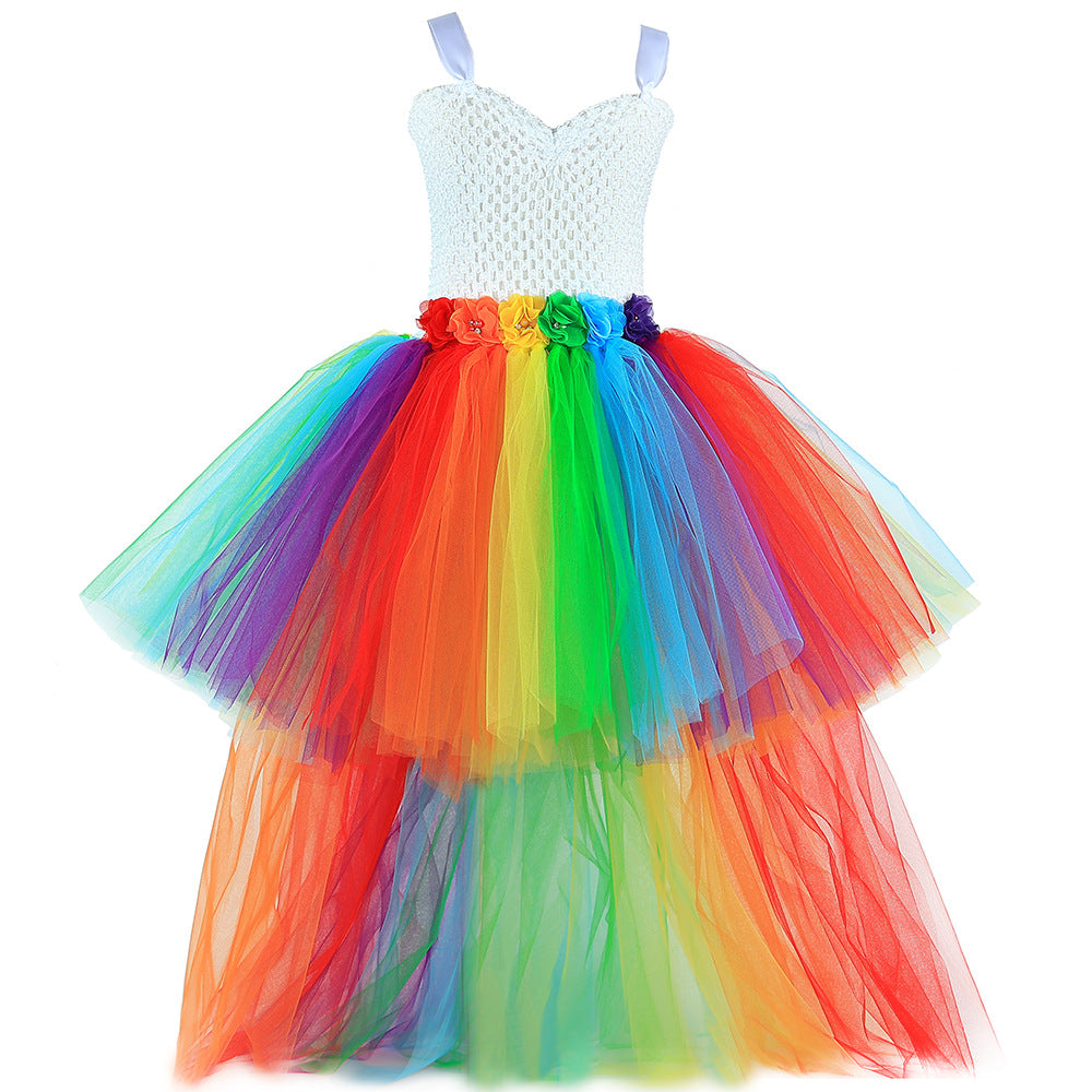 Halloween Children's Mesh Dress Rainbow Trail Tutu Dress Festival Party Performance Wear for Girls Puffy Princess Dress