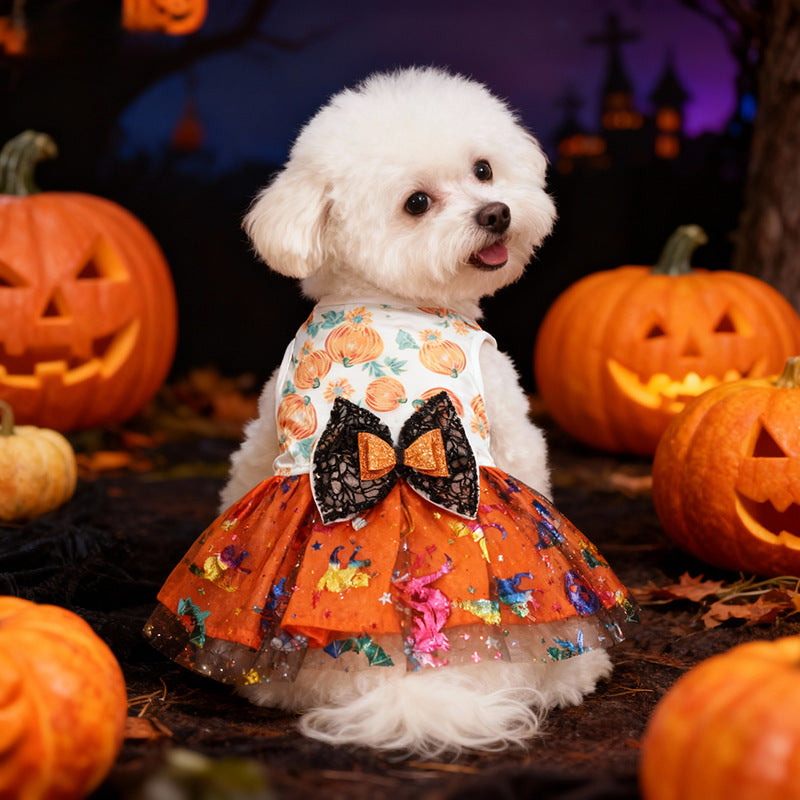 Halloween Pet Dog Cat Costume Mesh Pumpkin Dress for Medium and Small Dogs