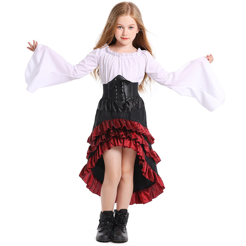 Halloween Costume Parent-Child Style Ruffled Medieval Girls' Clothing Front Short Back Long Performance Dress