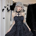Women's Halloween Gothic Puff Sleeve Dress – Pleated Cross Neckline Solid Color Style