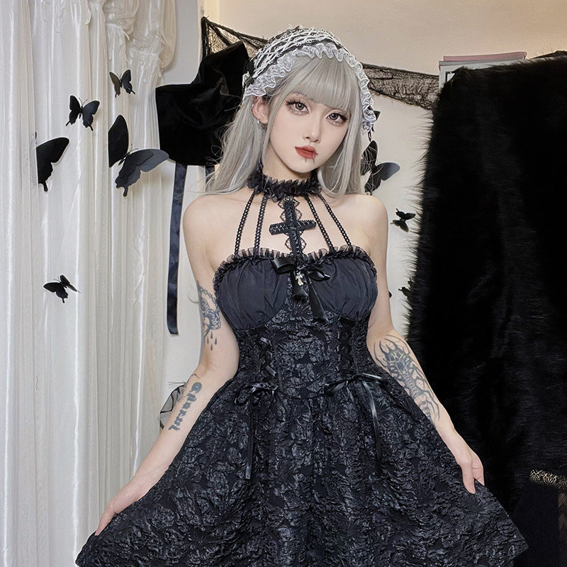 Women's Halloween Gothic Puff Sleeve Dress – Pleated Cross Neckline Solid Color Style