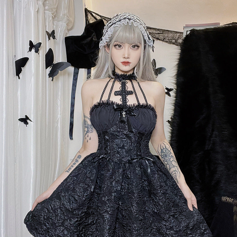 Women's Halloween Gothic Puff Sleeve Dress – Pleated Cross Neckline Solid Color Style