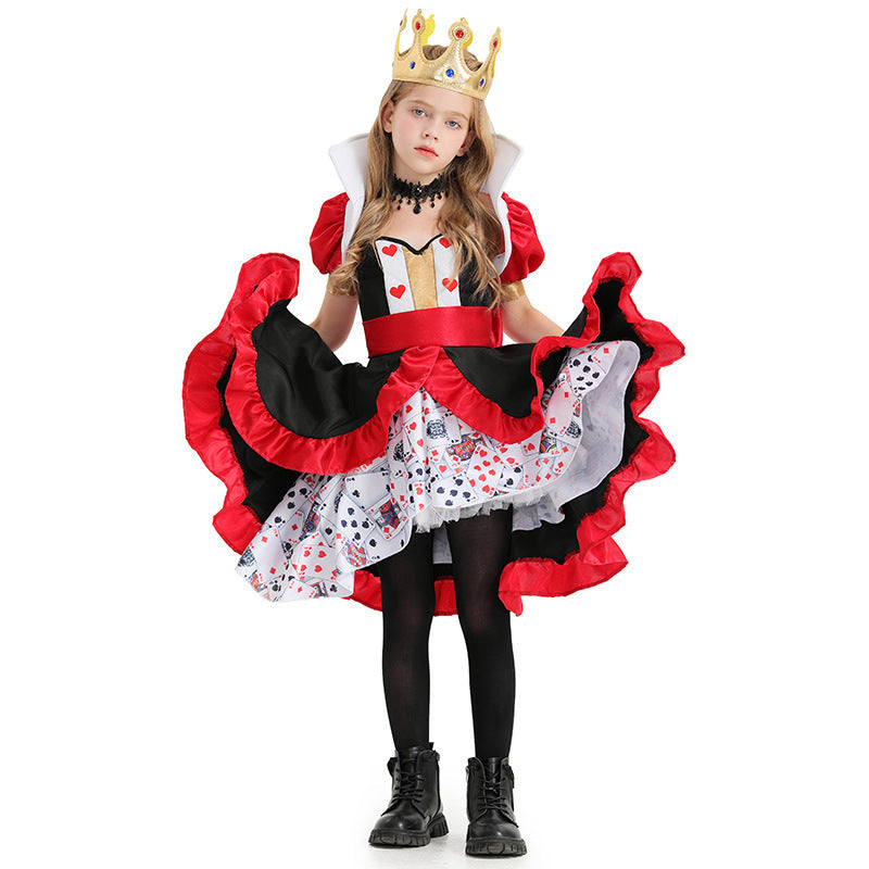 Halloween Costume Children's Poker Queen with Crown Girl Stage Performance Fairy Princess Dress