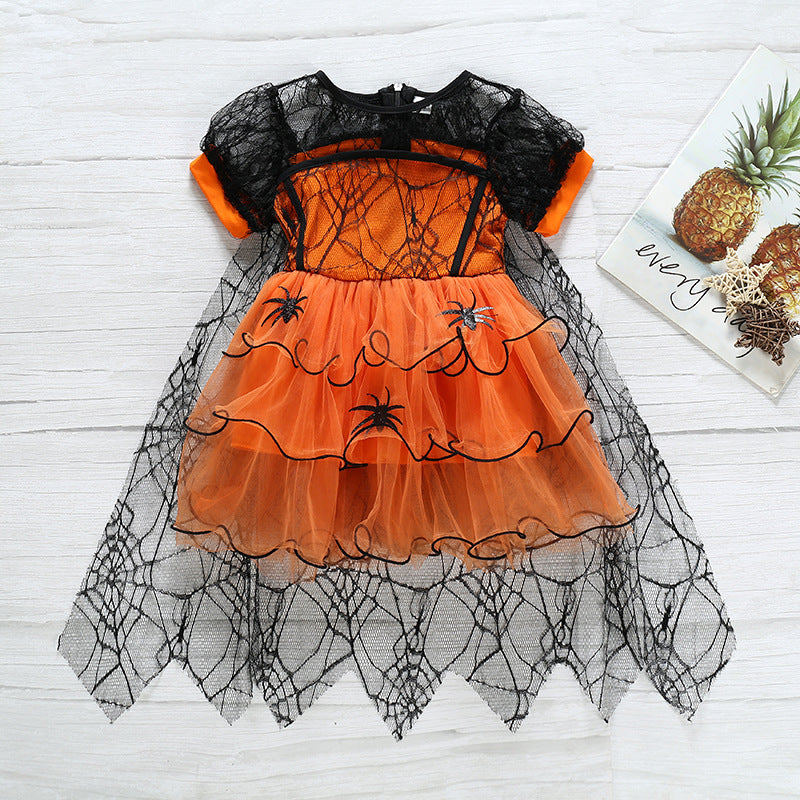 Girls' Halloween Party Dress Purple Yellow Tulle Cake Sleeve Cape Dress Princess Dress
