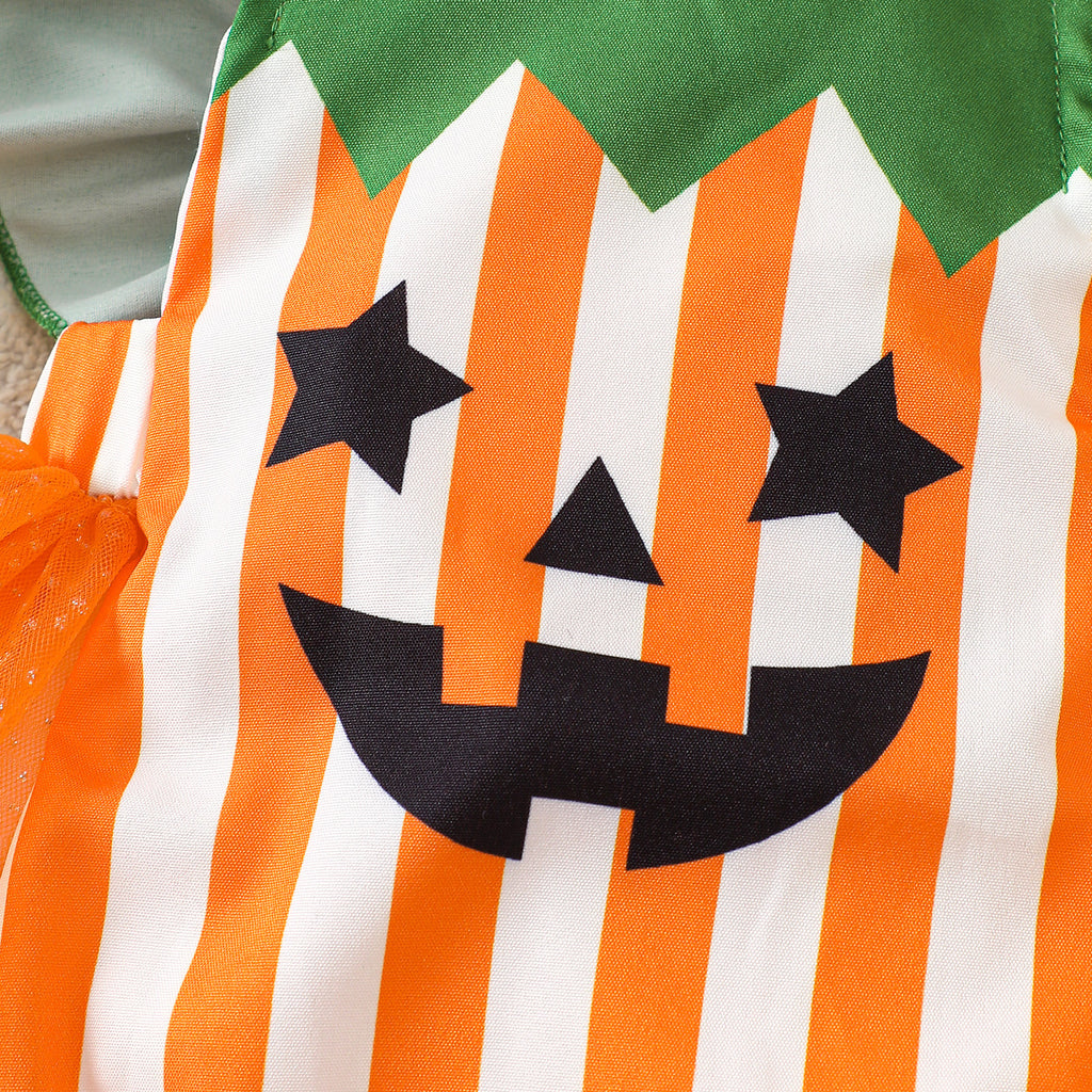 Infant Halloween Pumpkin Romper Baby Girl Striped Mesh Onesie Newborn Costume Crawler Suit