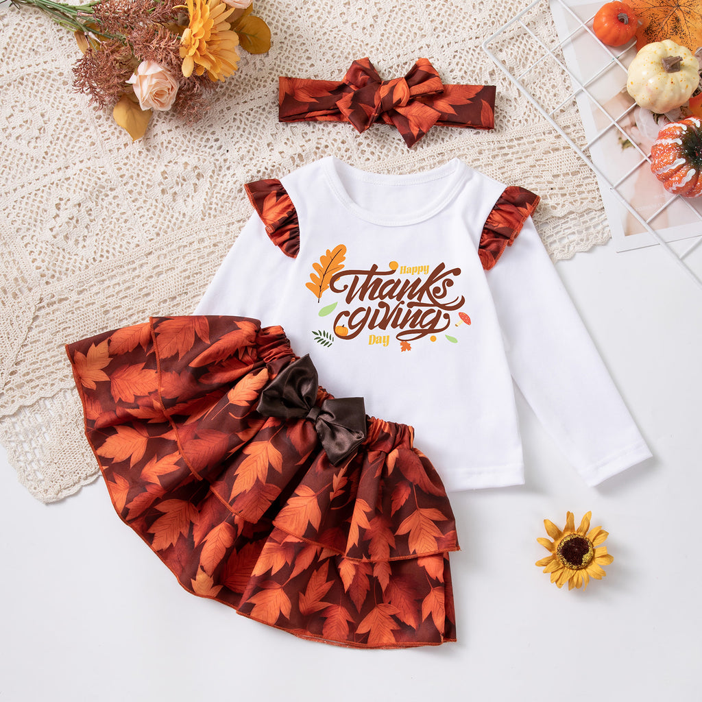 Halloween Theme Girls' Long Sleeve T-Shirt, Skirt Set, 3-Piece Festival Outfit