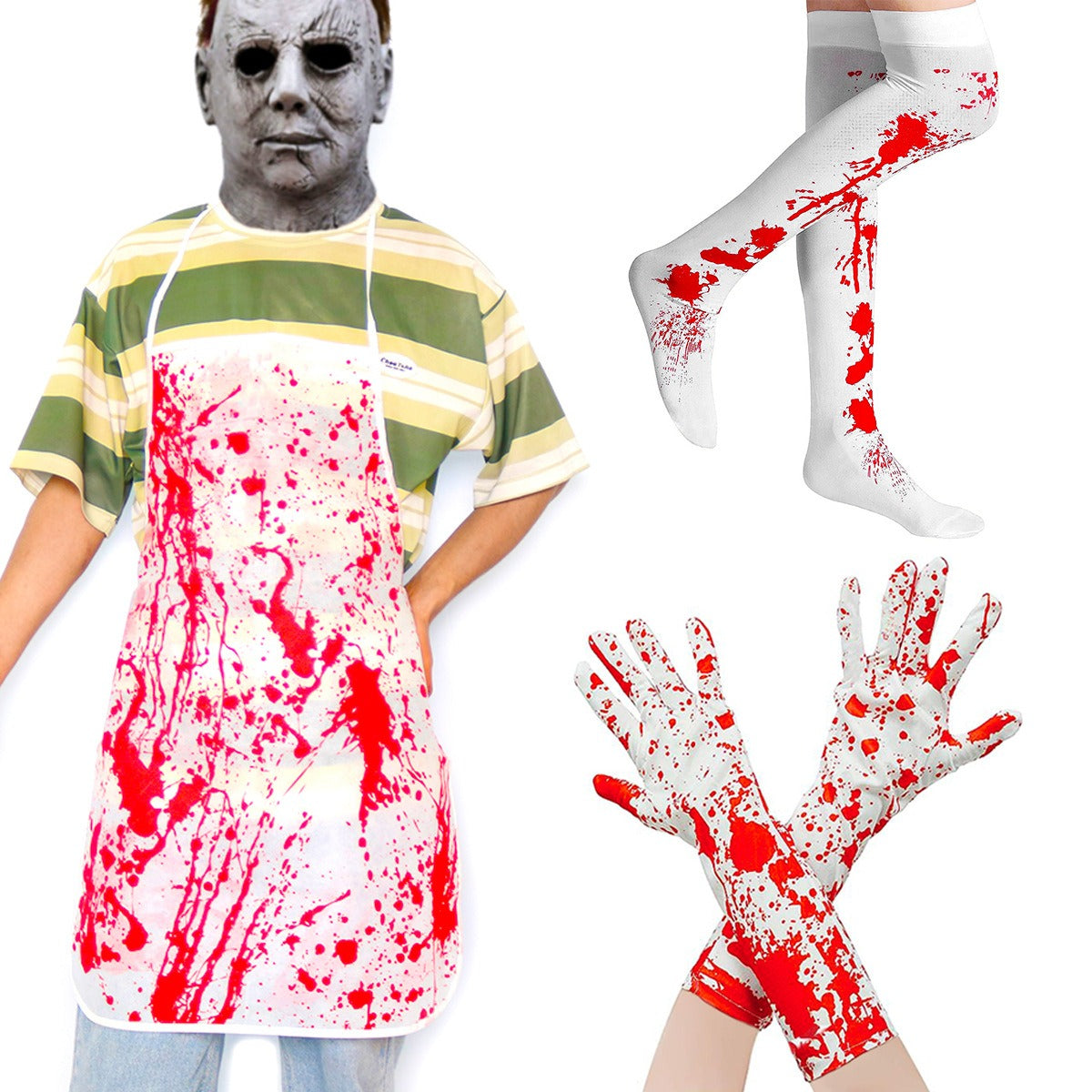 Halloween Horror Blood Prop Set – Handprint Gloves Socks Apron Masquerade Costume Accessories